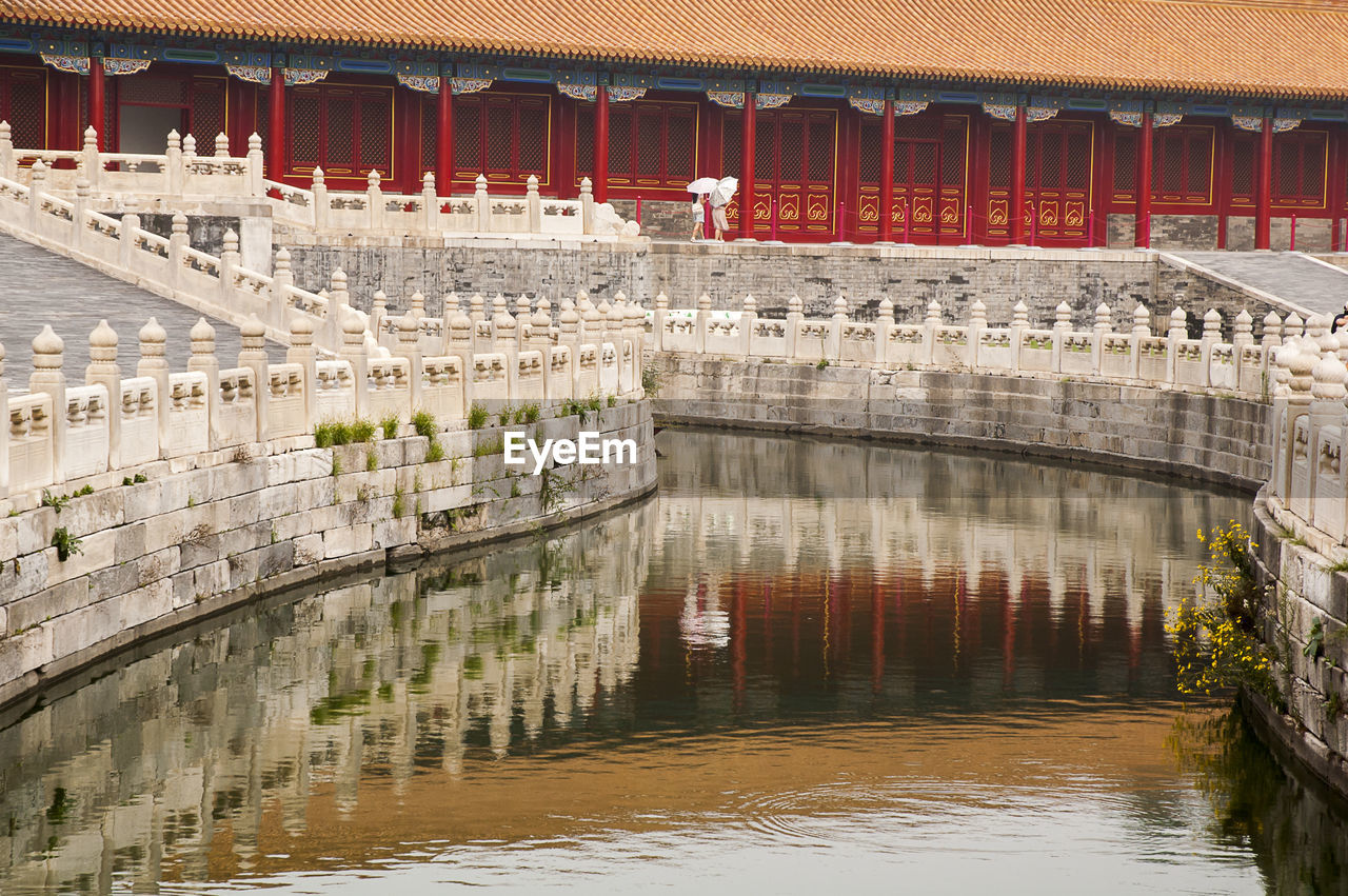 Reflection of building in channel with two tourists walking along, forbidden city, beijing, china