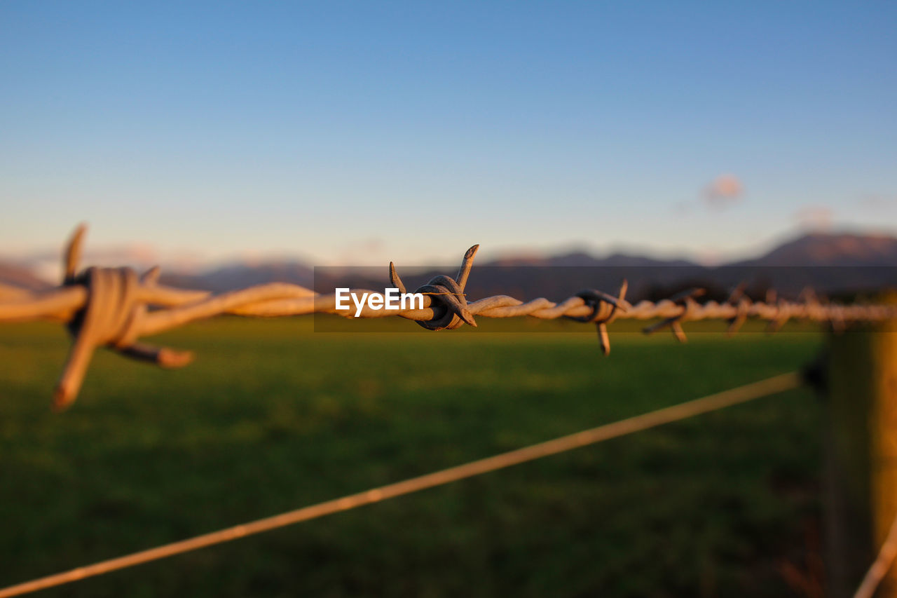 CLOSE-UP OF BARBED WIRE FENCE AGAINST SKY