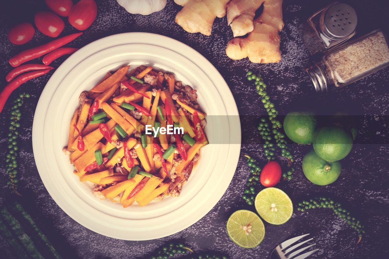 directly above shot of food in bowl on table