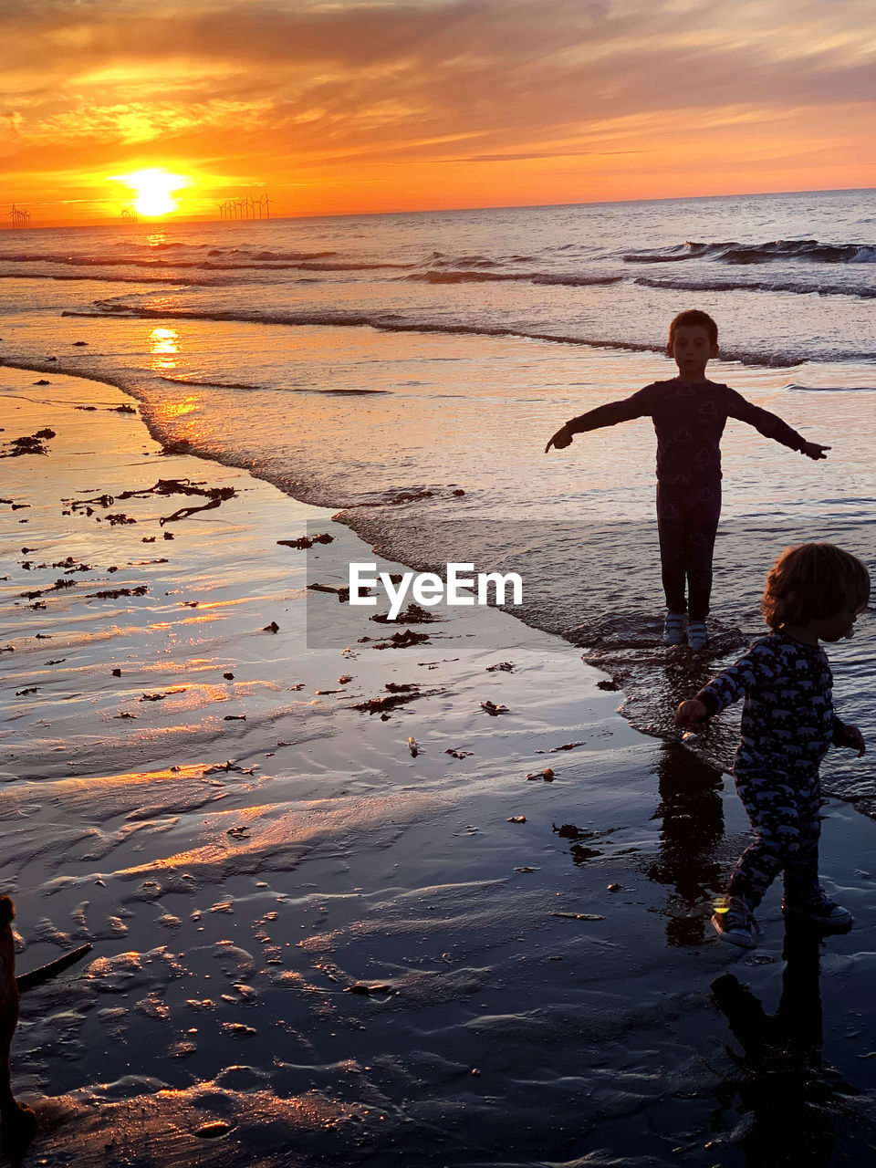 Boys silhouettes playing in the sea at sunset 