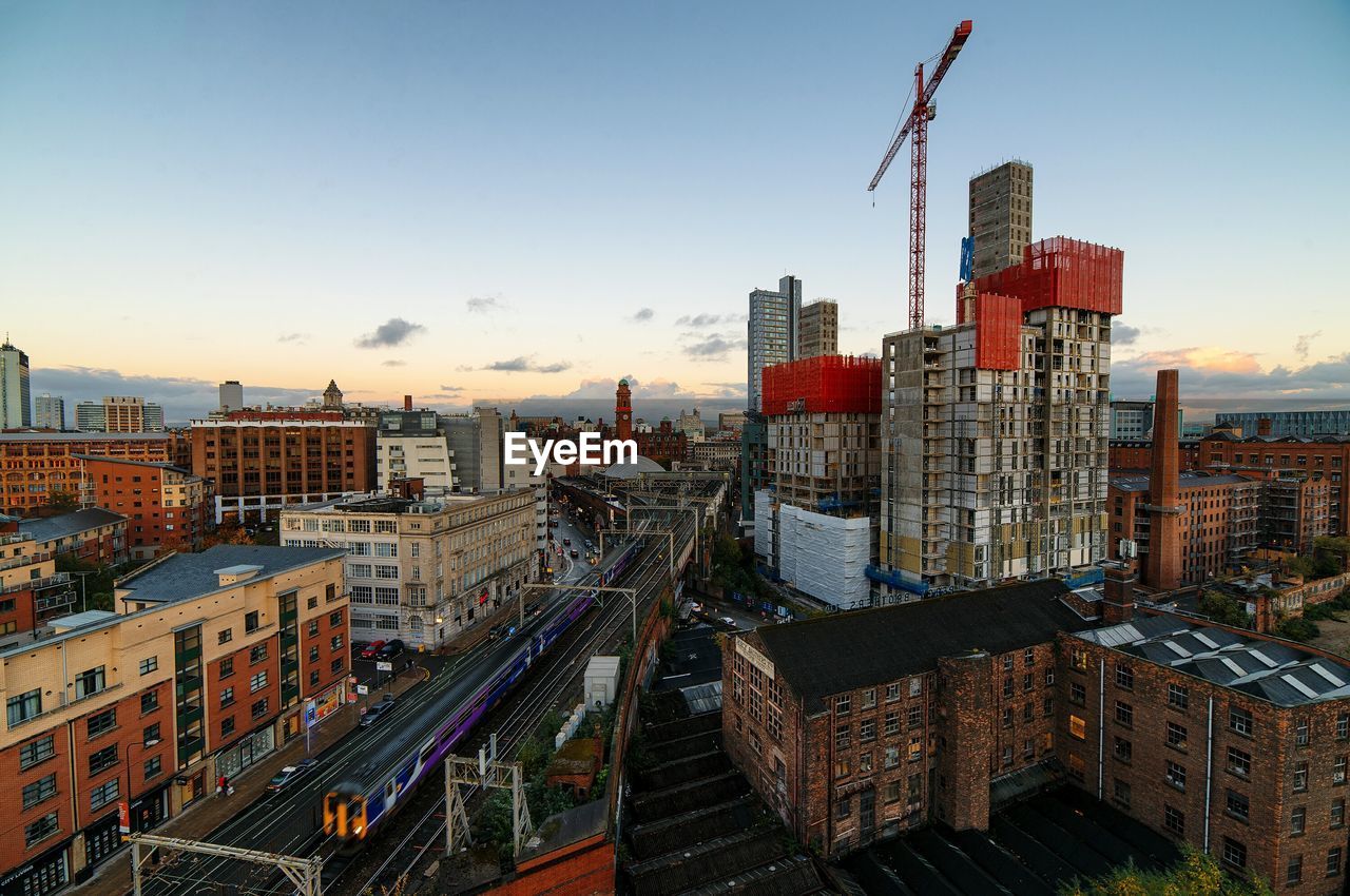 High angle view of cityscape during sunset