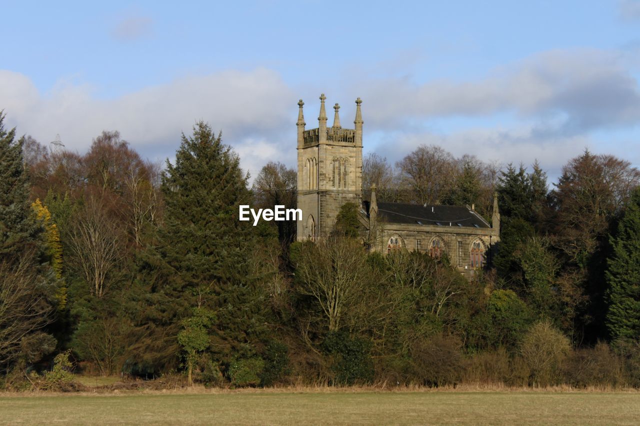 CASTLE BY TREES ON FIELD AGAINST SKY