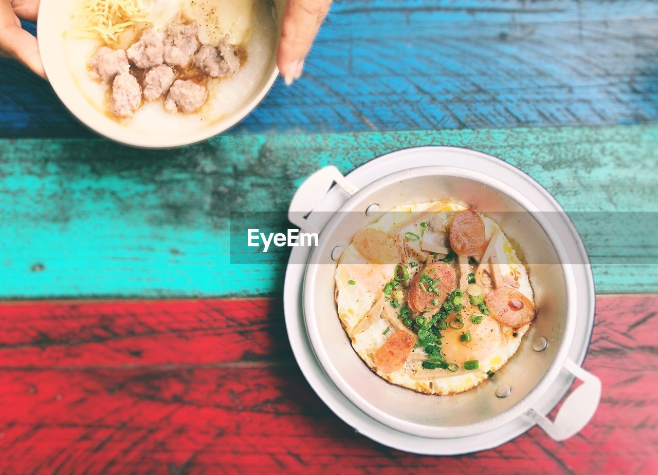 High angle view of breakfast served on table