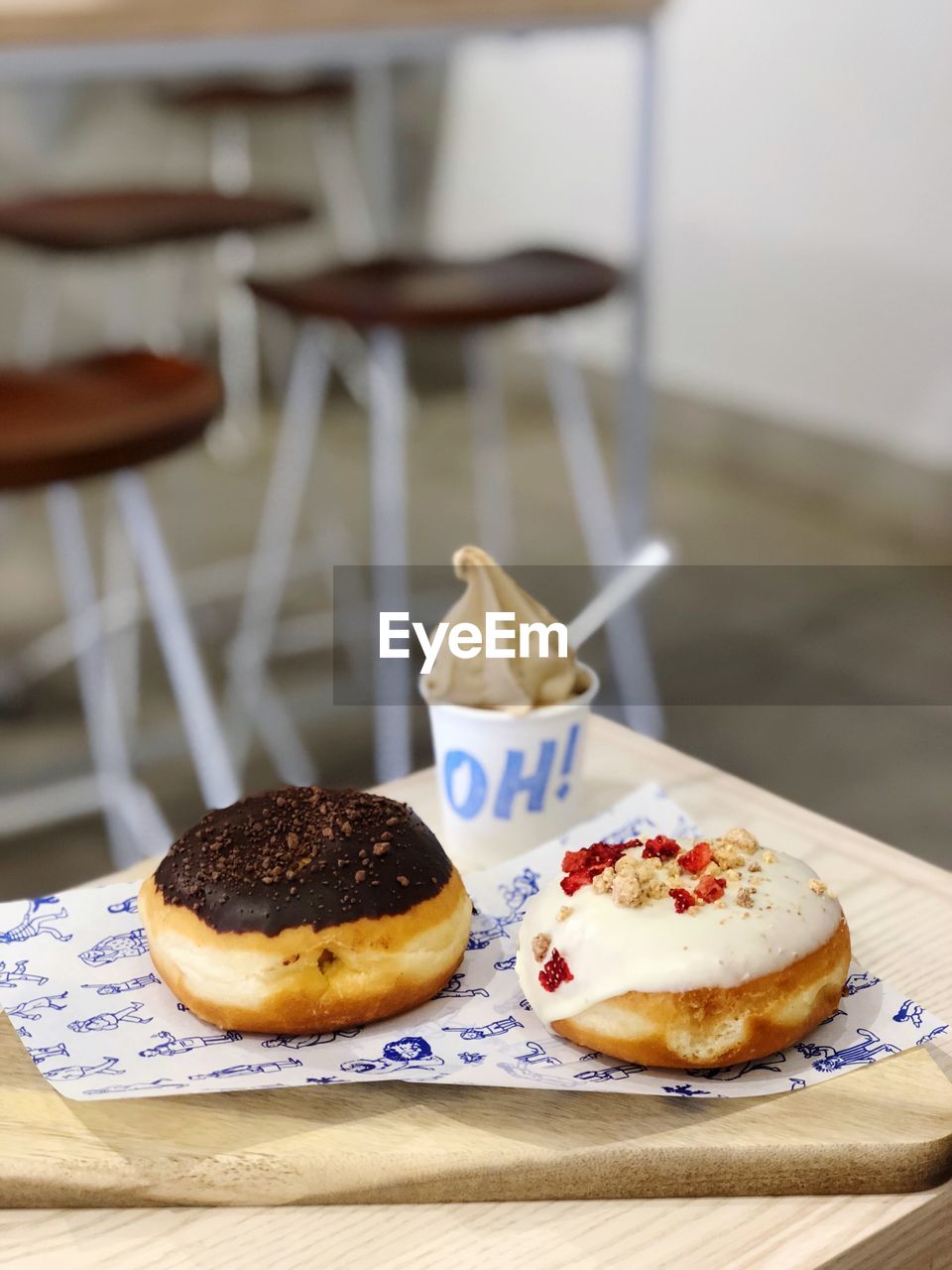 High angle view of donuts on table