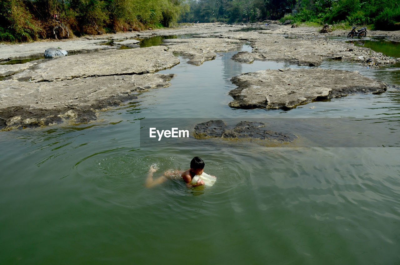 HIGH ANGLE VIEW OF MAN IN LAKE