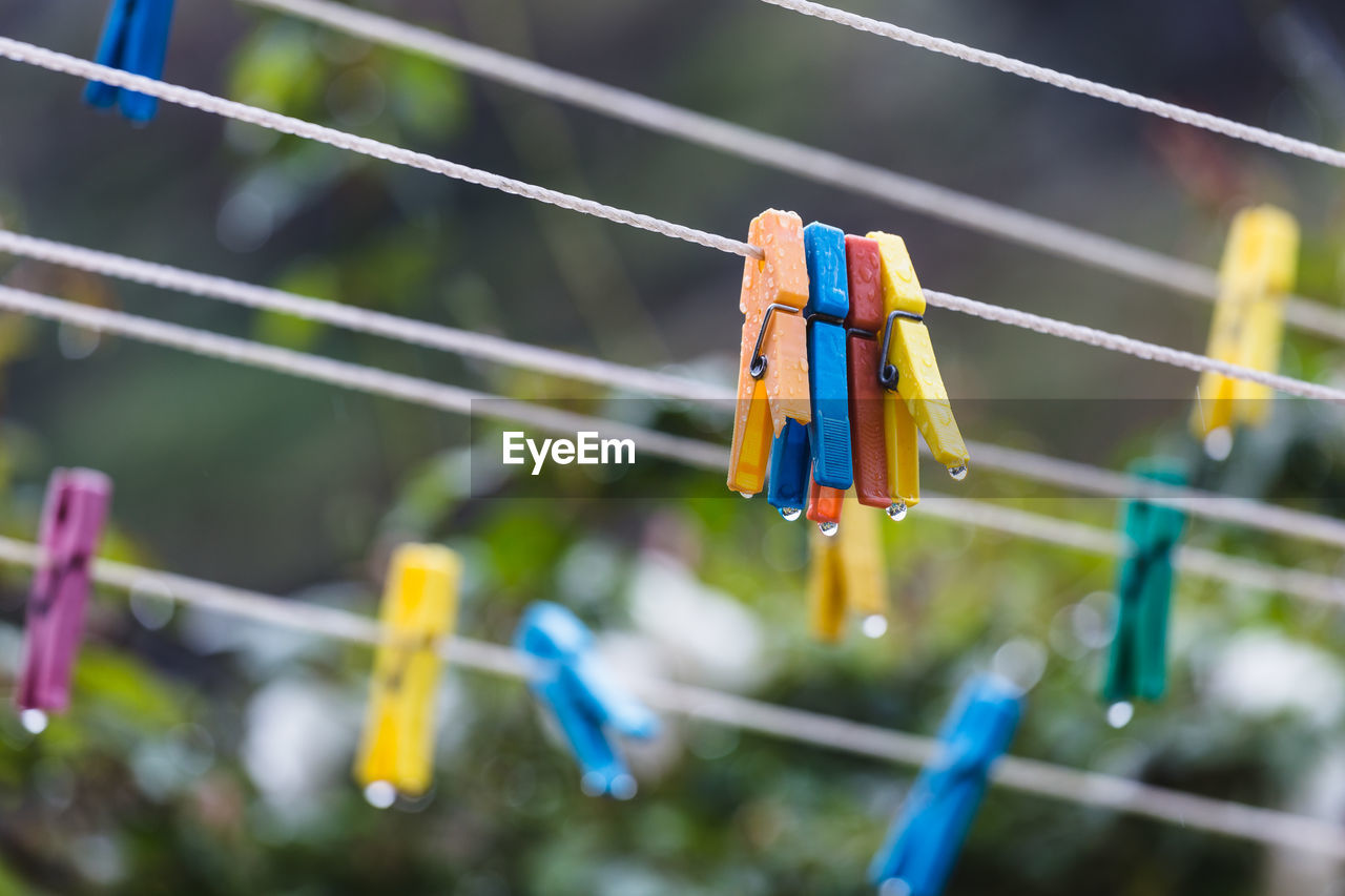 Colorful clothespins on clotheslines