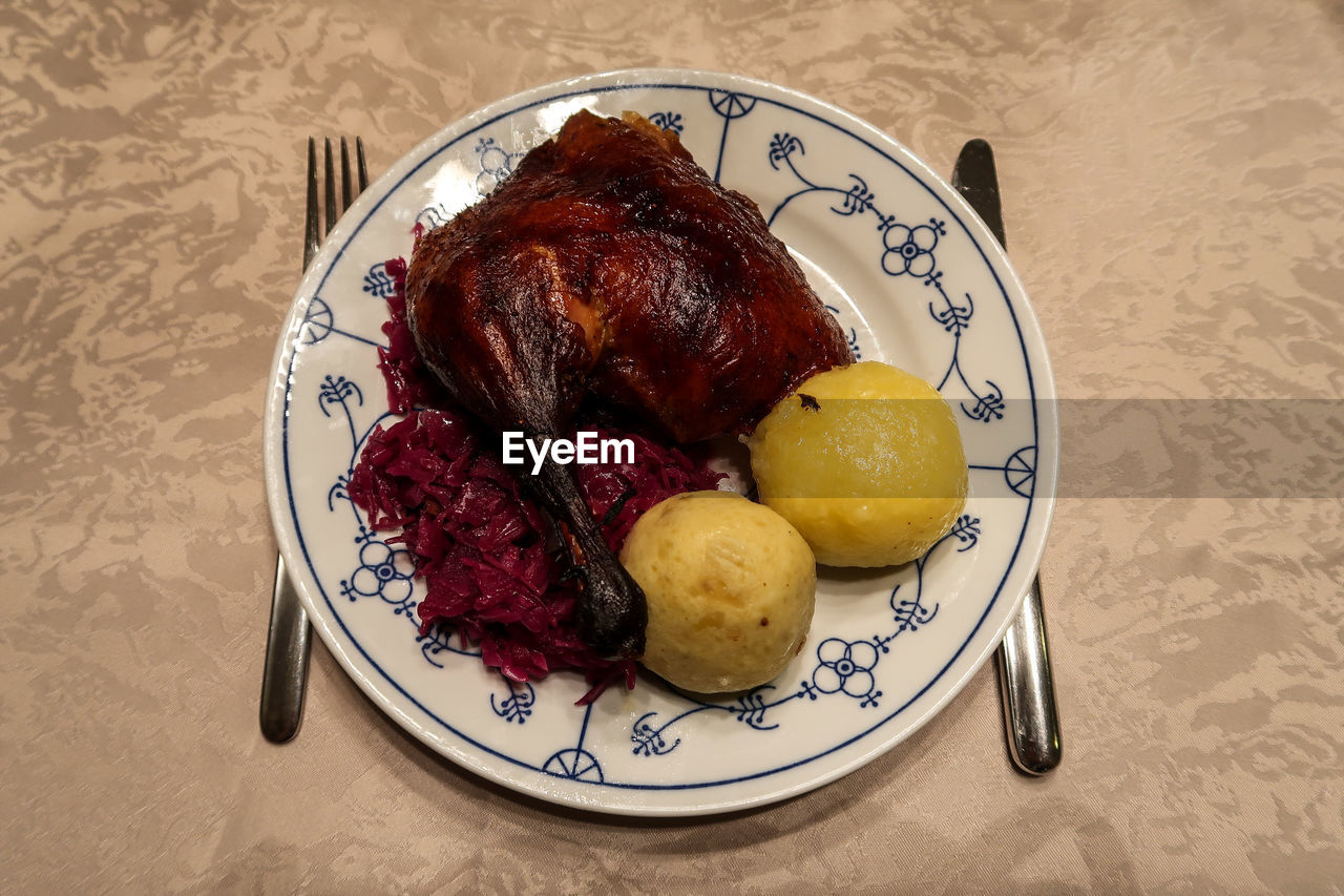 High angle view of food served in plate on table