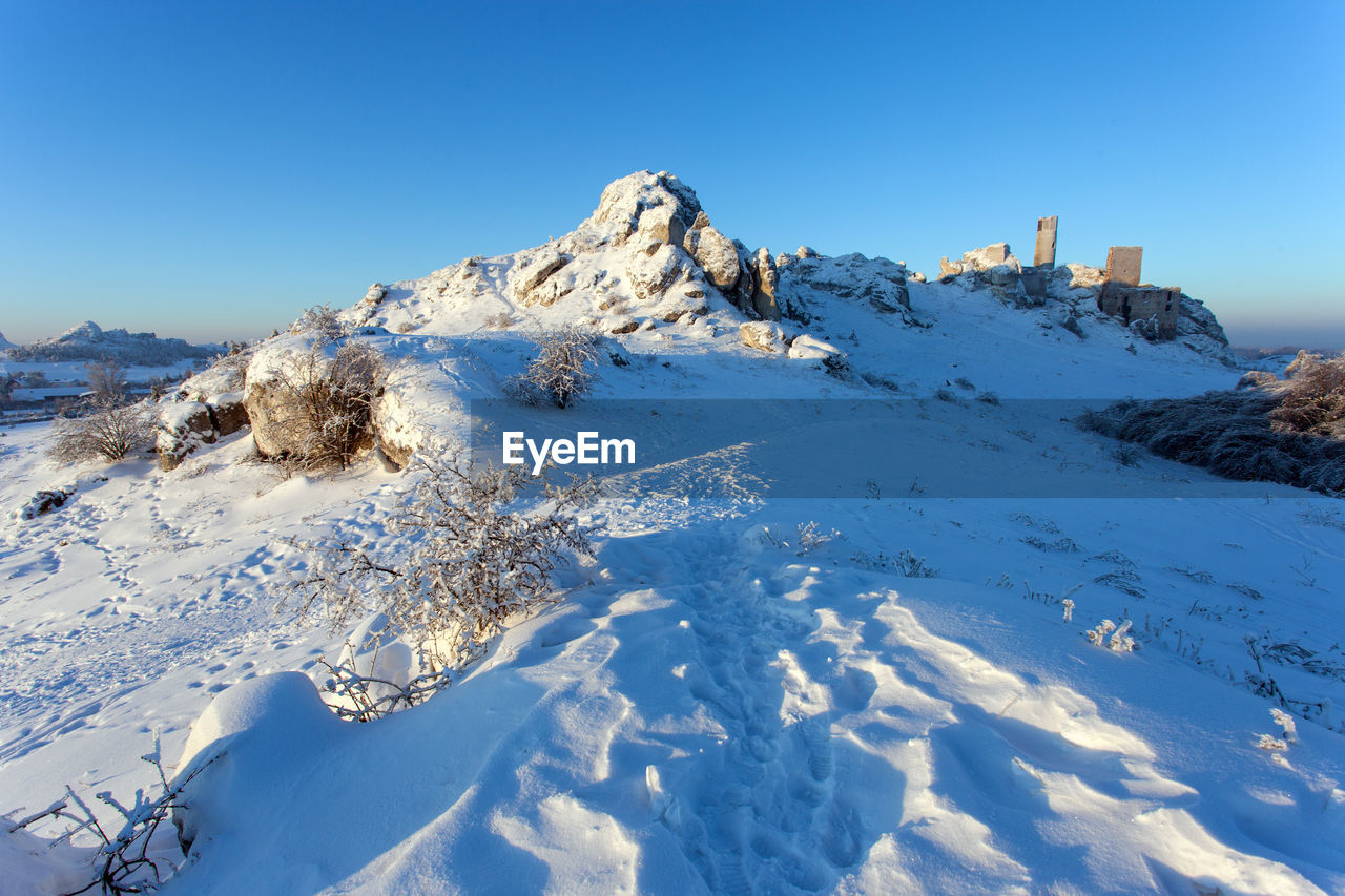 SCENIC VIEW OF SNOWCAPPED MOUNTAINS AGAINST CLEAR BLUE SKY