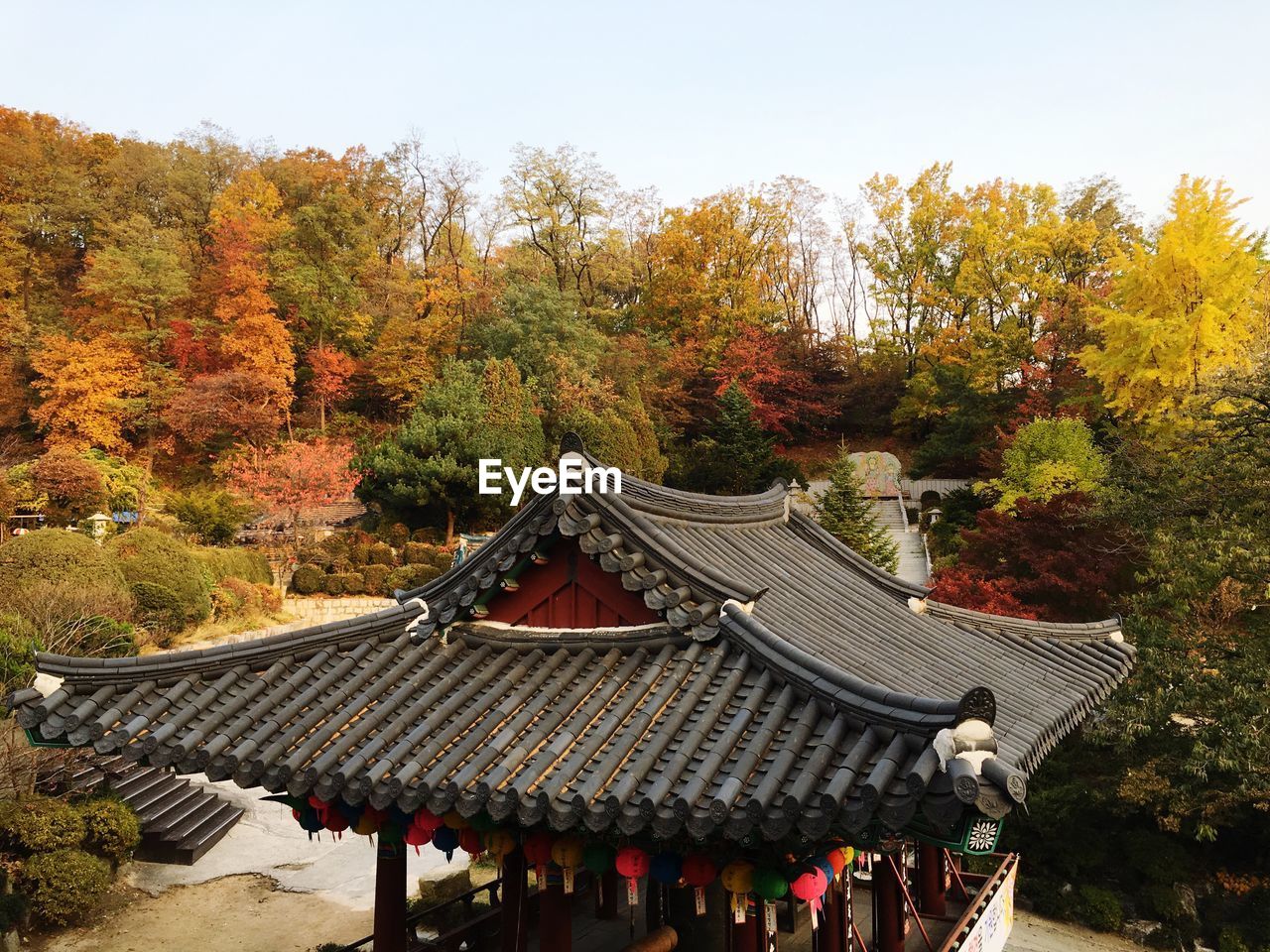 High angle view of temple against trees