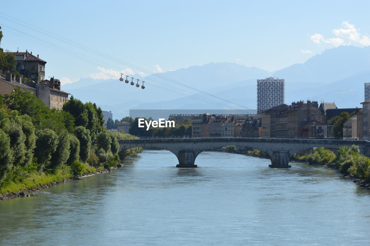 Bridge over river with city in background