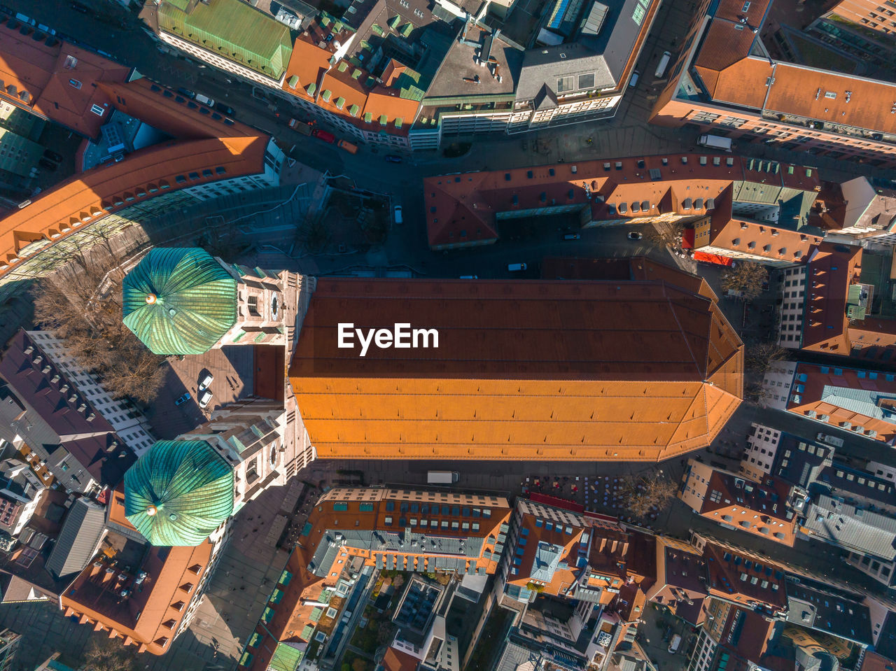 Aerial view on marienplatz town hall and frauenkirche in munich