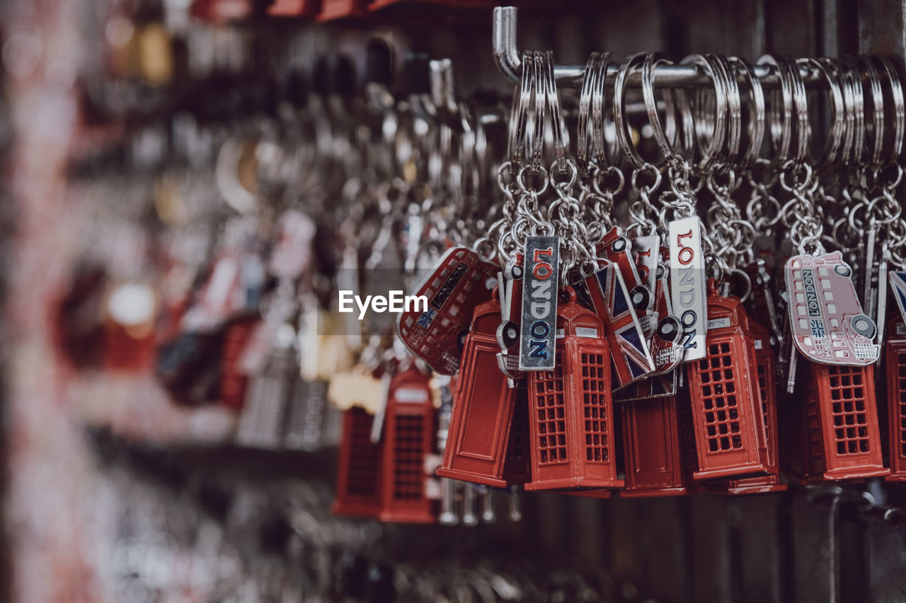 Close-up of key ring hanging for sale in market