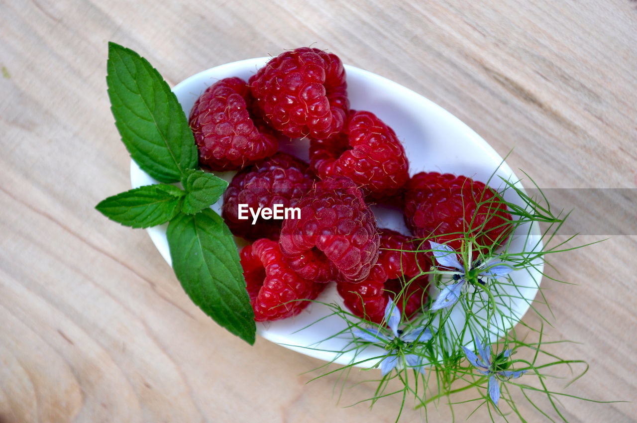 Tiny plate with raspberries and mint