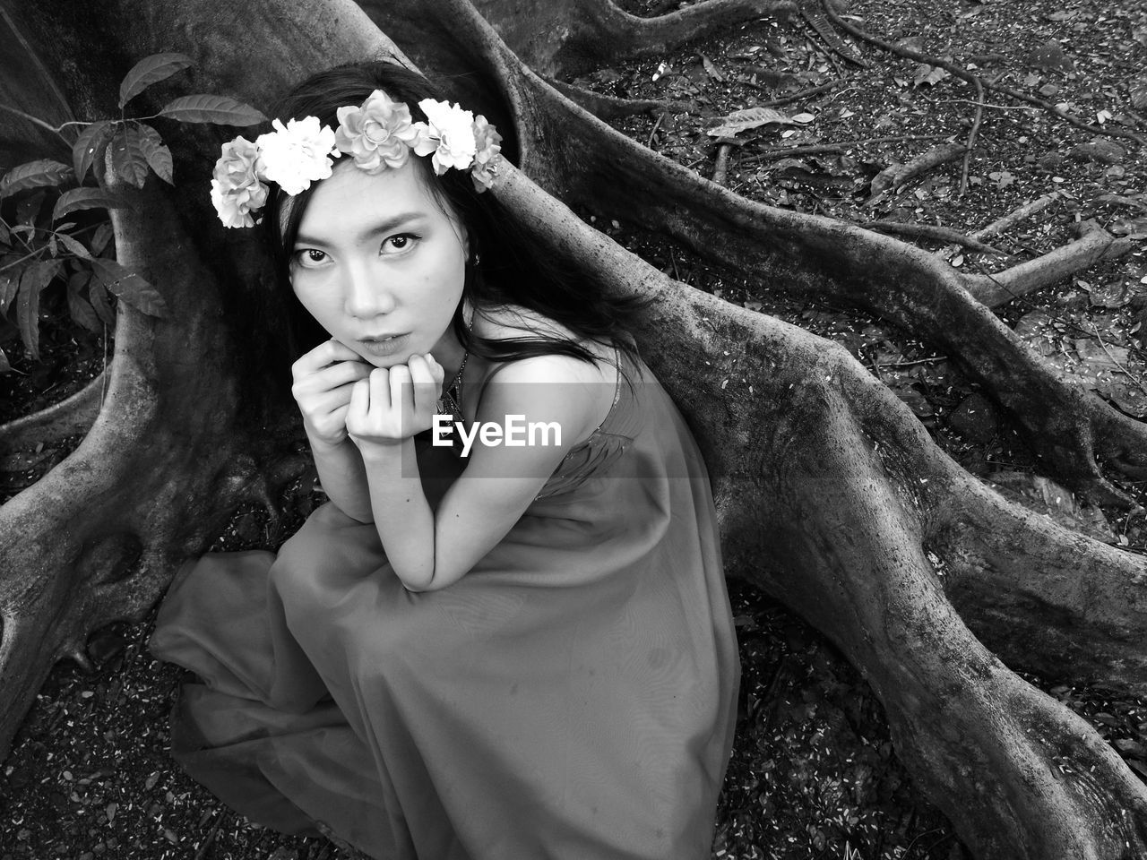 High angle portrait of woman wearing flowers while sitting by tree trunk