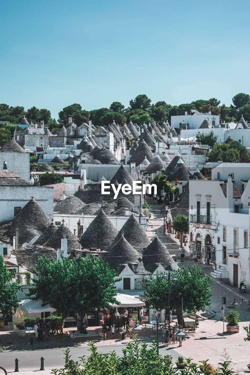 High angle shot of townscape against clear sky