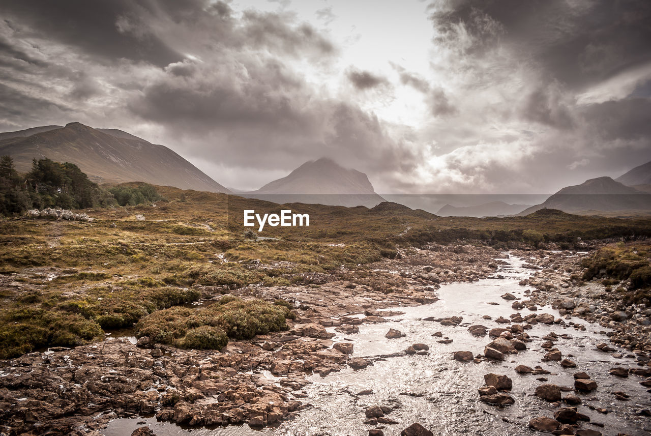 Scenic view of mountains against cloudy sky