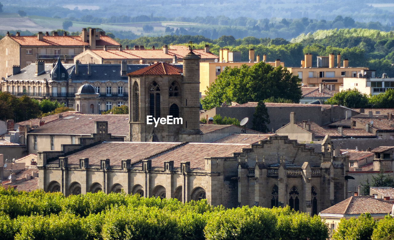 Aerial view over rooftops of a mediterranean city
