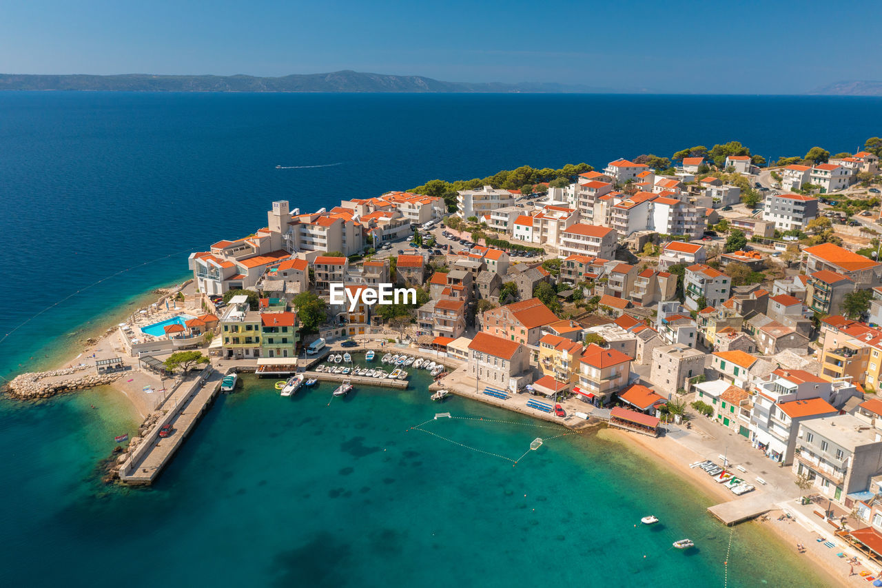 Aerial view of igrane town, the adriatic sea, croatia