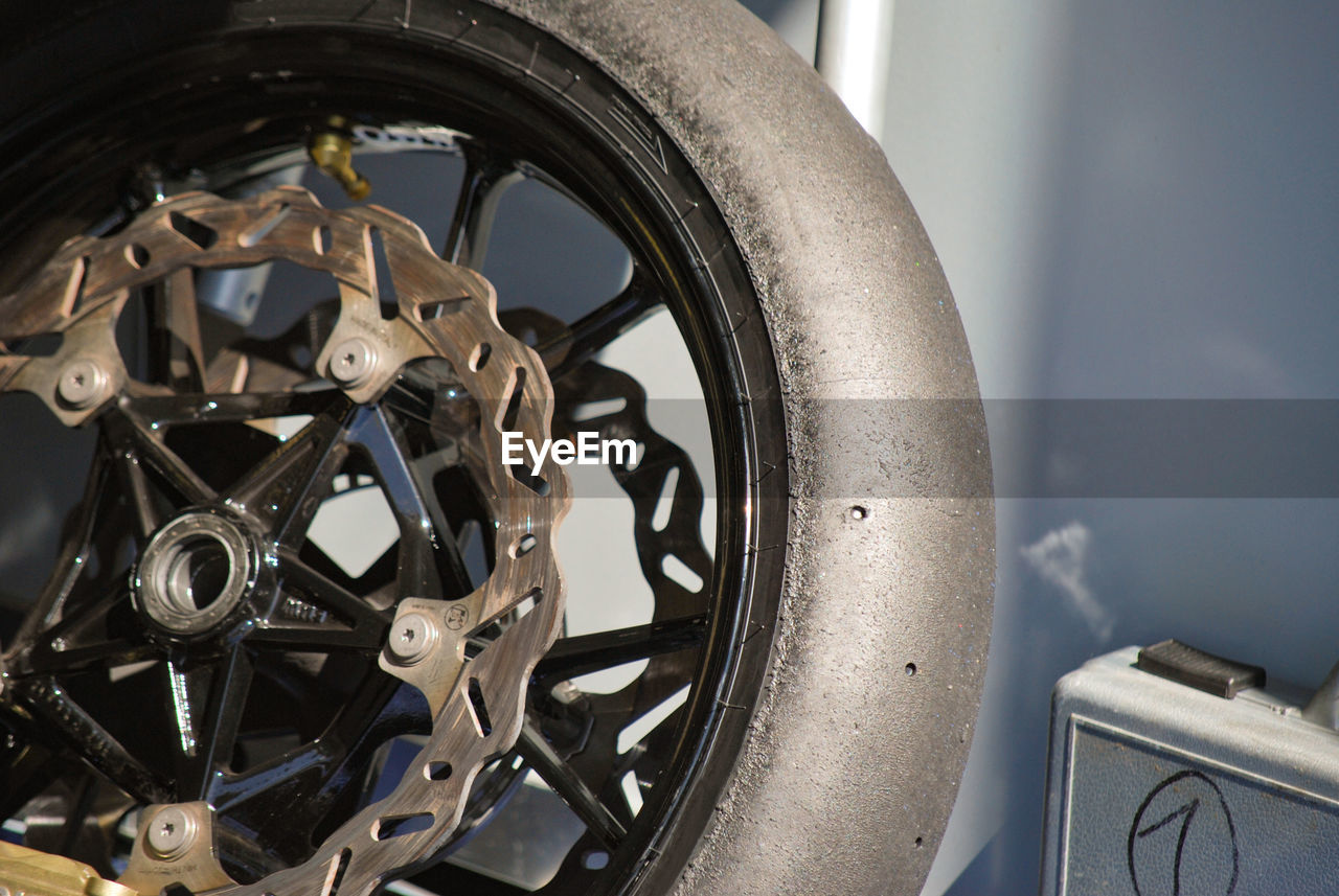 Close-up of wheel in garage