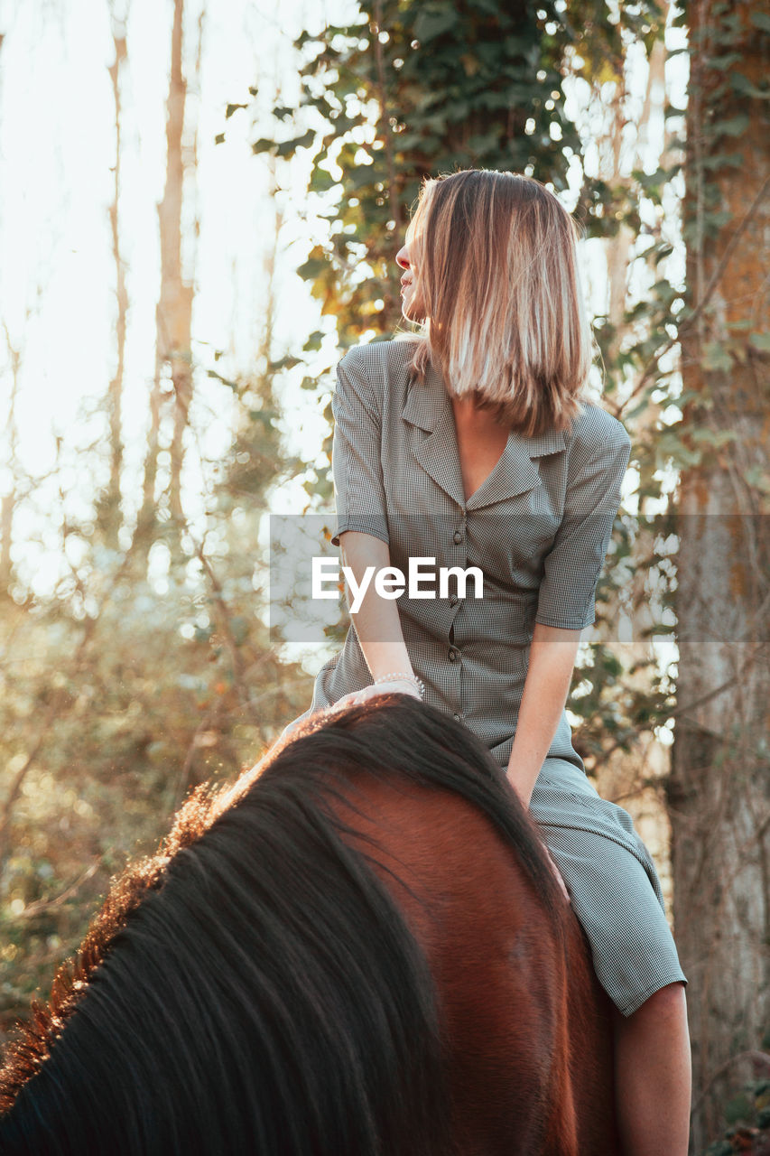 Woman sitting on horse in forest