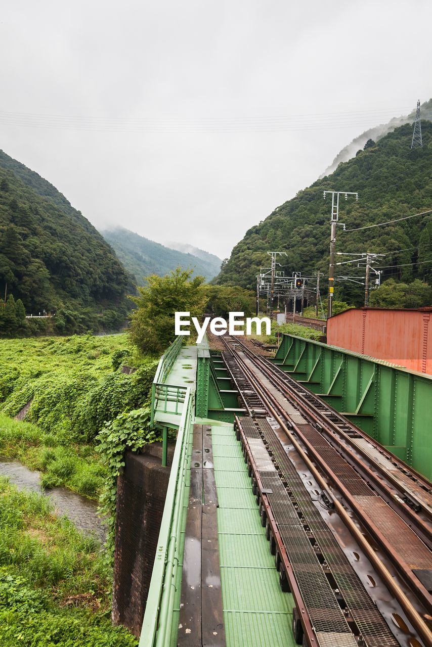 Railroad tracks amidst trees against sky