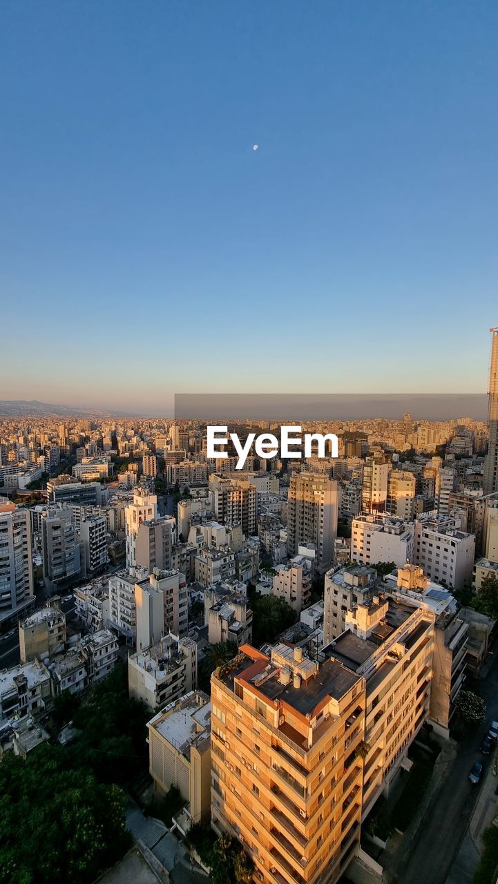 High angle view of townscape against clear sky