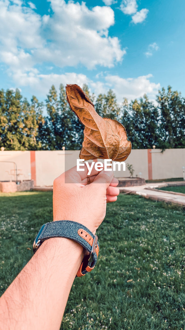 Midsection of person holding umbrella on field against sky , autumn leaves