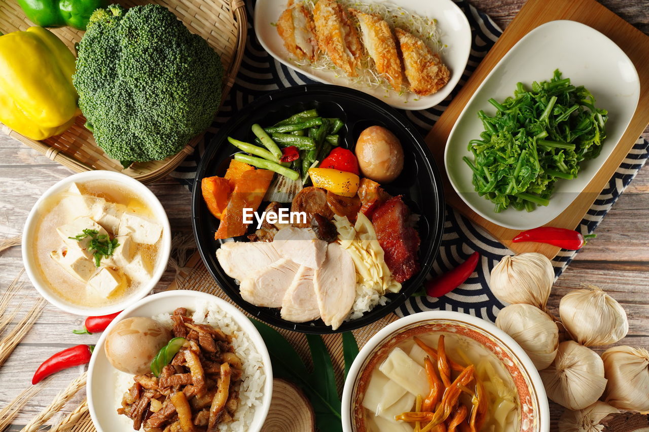 High angle view of  chinese  food on table