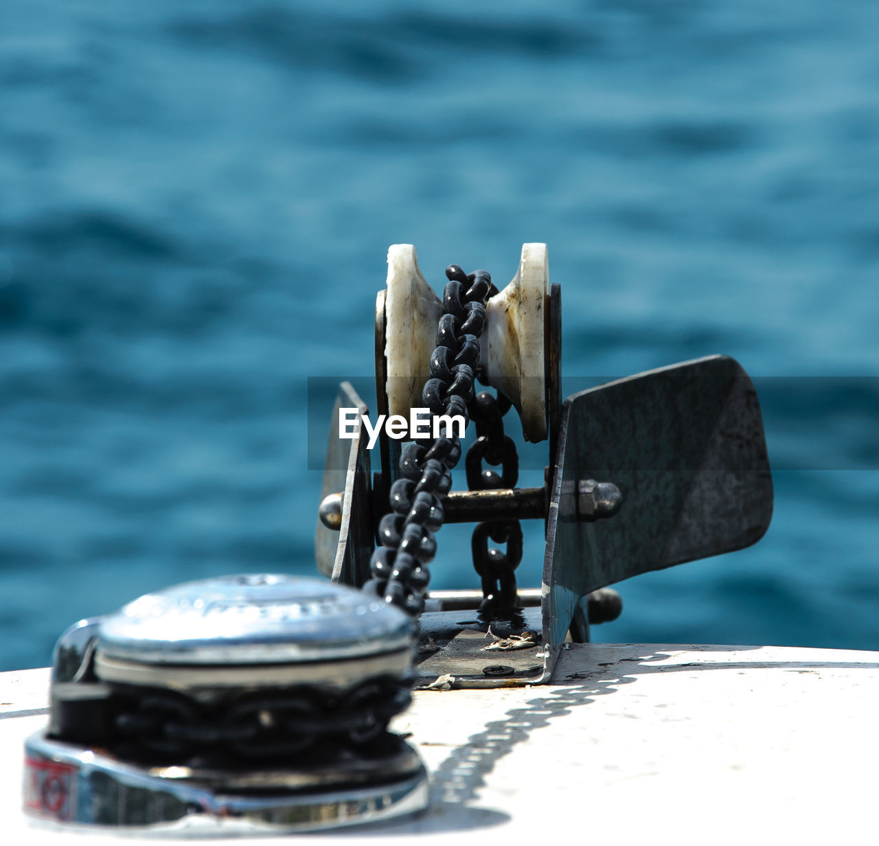 Close-up of pulley on boat