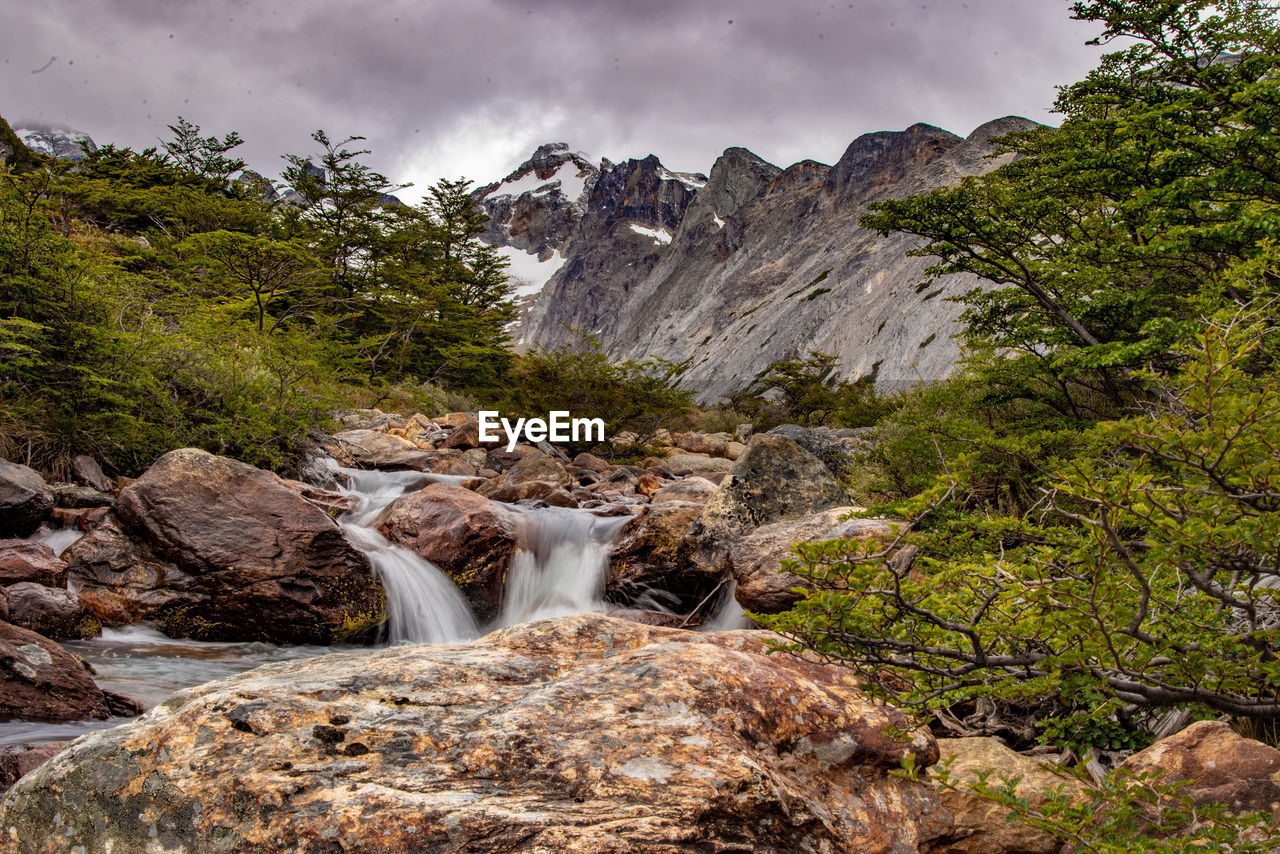 scenic view of waterfall in forest against sky