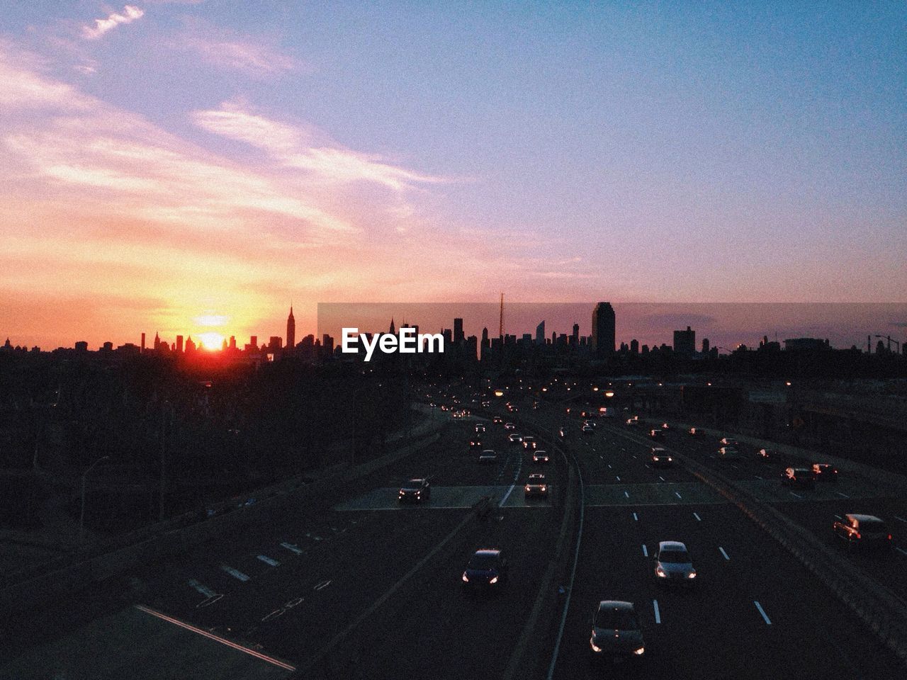 City skyline at sunset