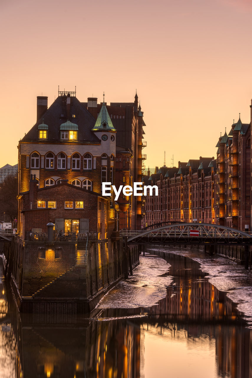 The warehouses of the old speicherstadt in hamburg, germany, at sunset