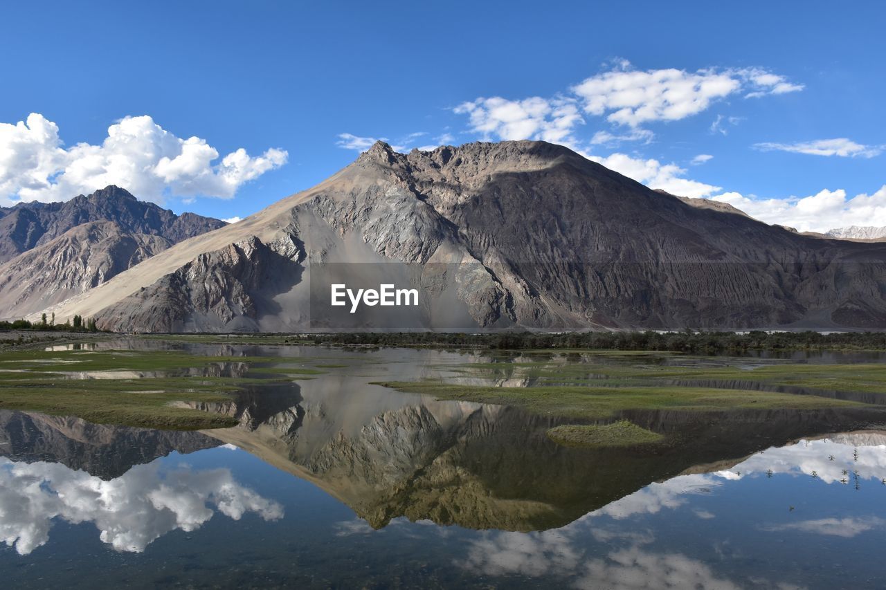 Scenic view of lake by mountains against sky. reflection of himalayan mountains in river. ladakh 