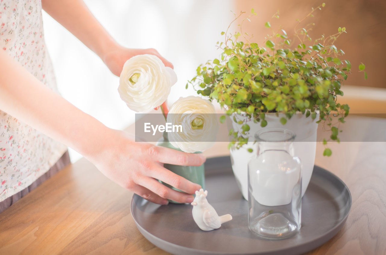 Woman arranging flowers at home