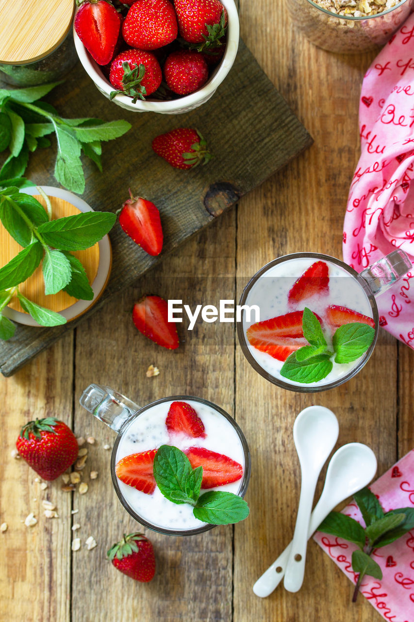Healthy eating. breakfast concept. homemade granola with strawberry, yogurt. 