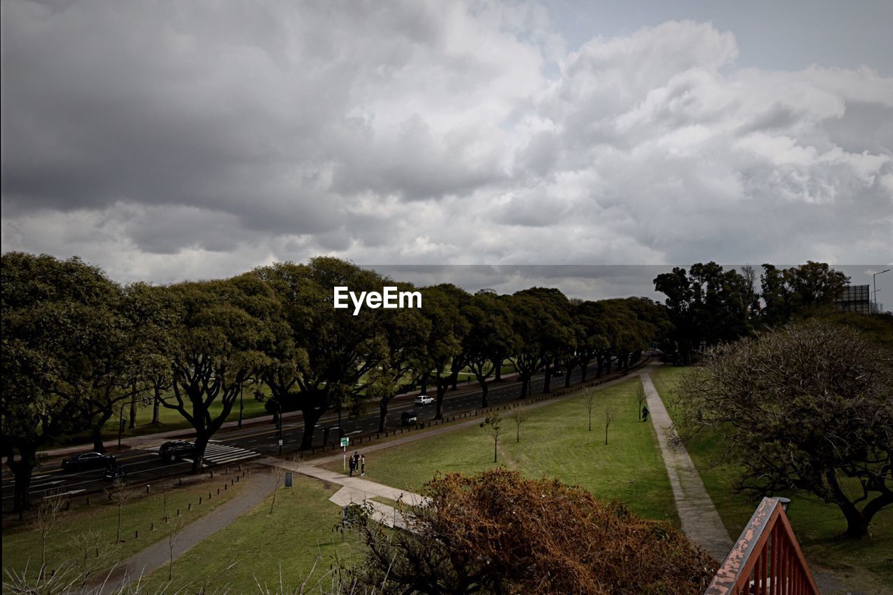 Trees in park against cloudy sky