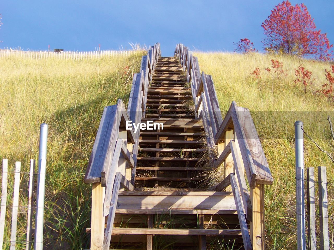 Low angle view of wooden staircase on grass against sky