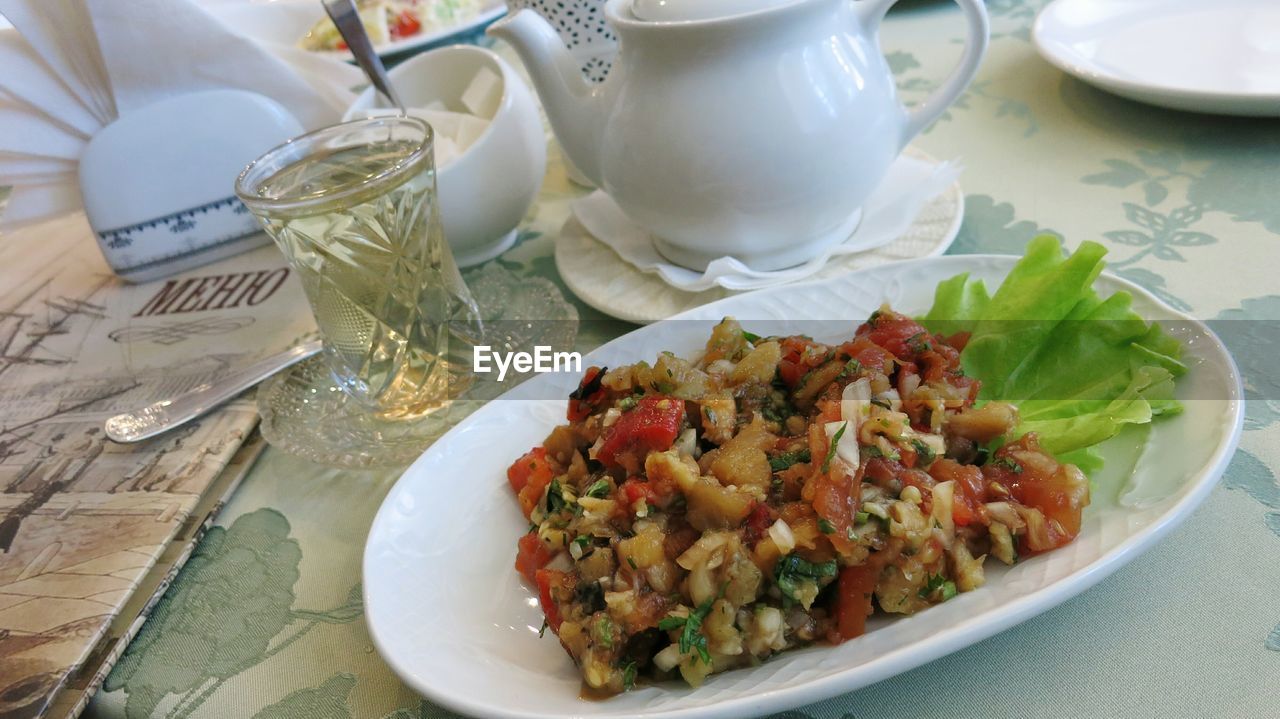 High angle view of food in plate on table