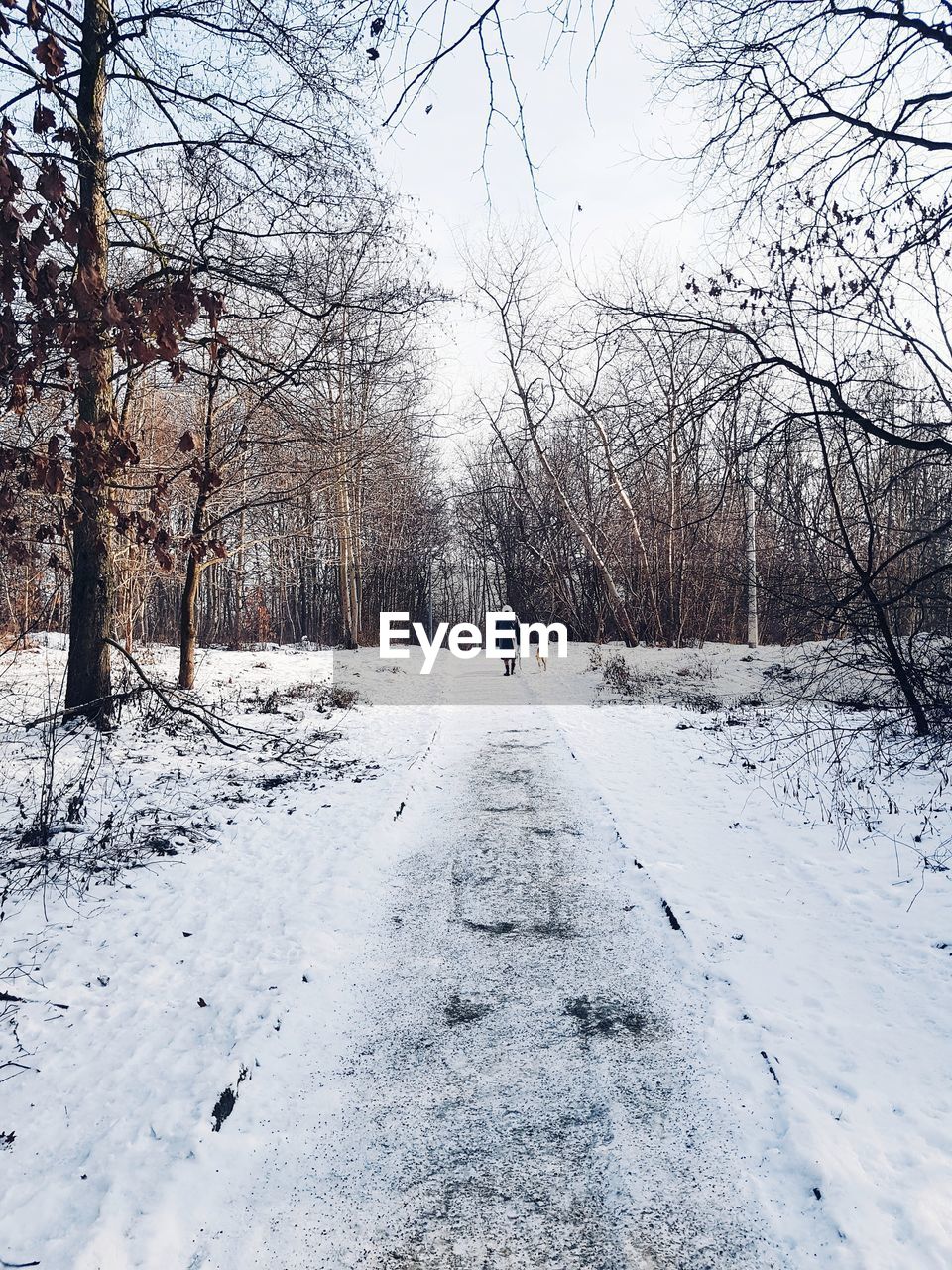 REAR VIEW OF PERSON WALKING ON SNOW COVERED FIELD