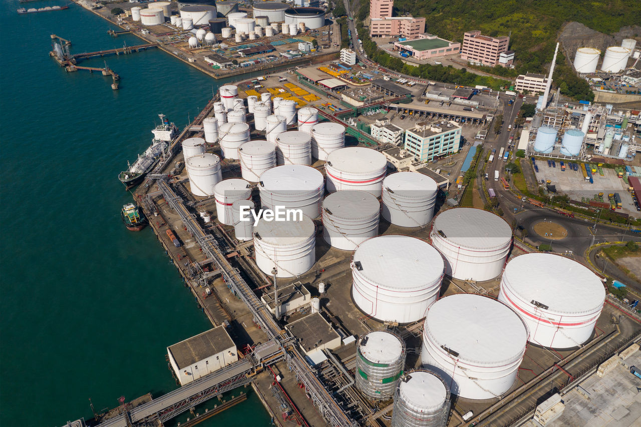 High angle view of factory at harbor