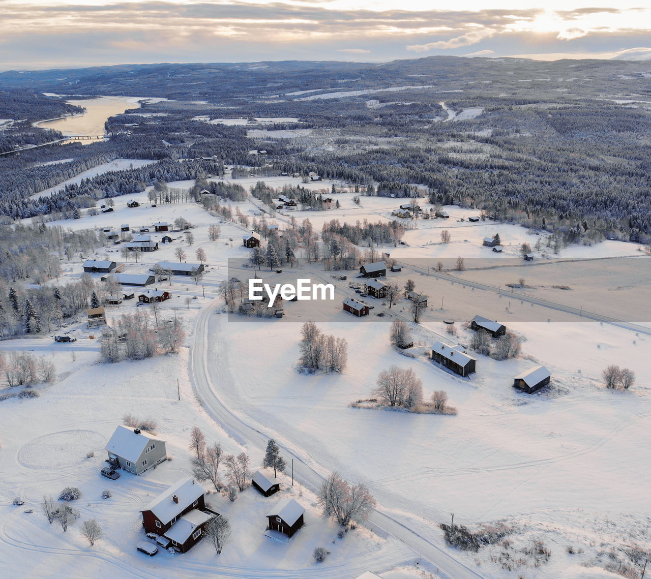 High angle view of snow covered rural landscape