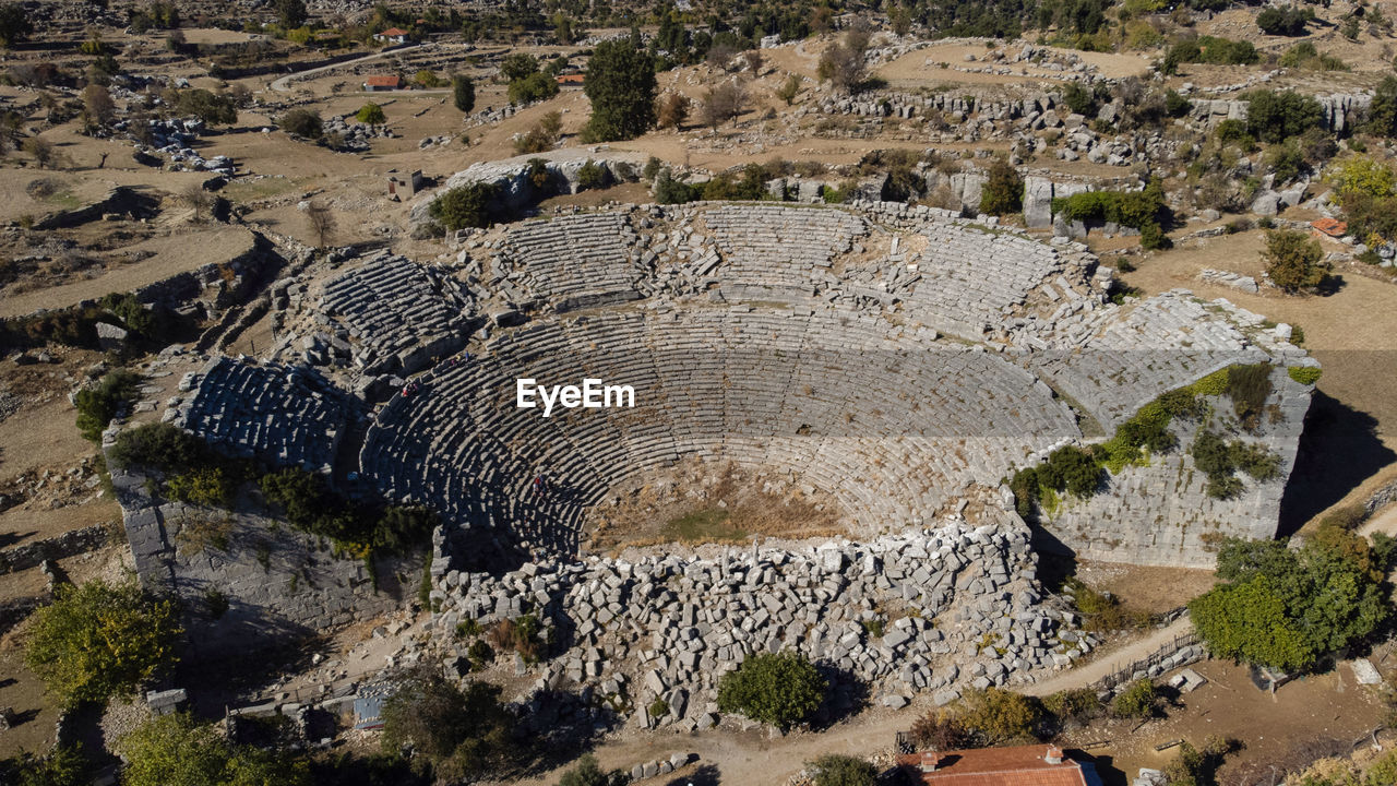 Aerial view of ancient amphitheater in selge city, antalya province, turkey.