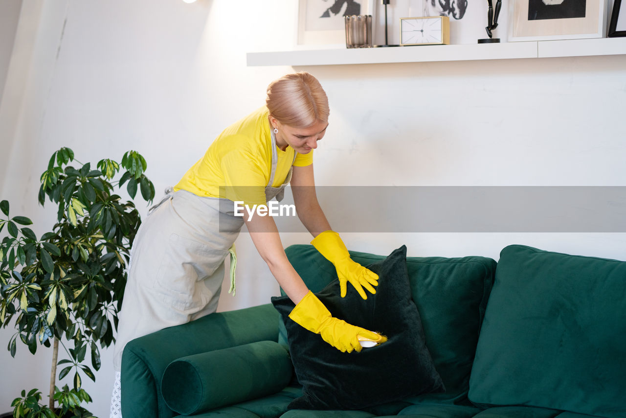 The maid cleans the sofa from dog hair. removing dog's hair from furniture. housekeeping service