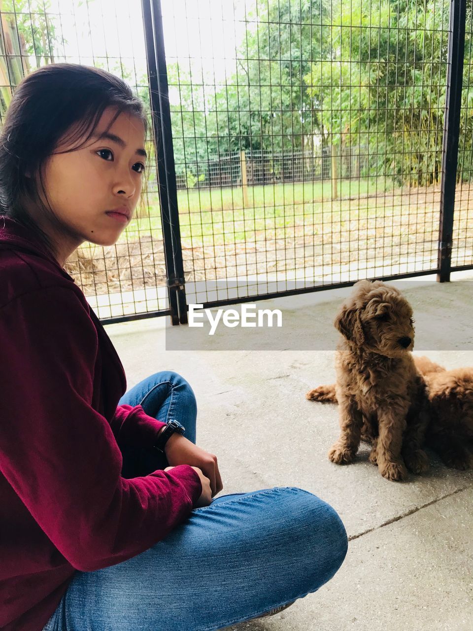 YOUNG WOMAN WITH DOG SITTING ON SEAT