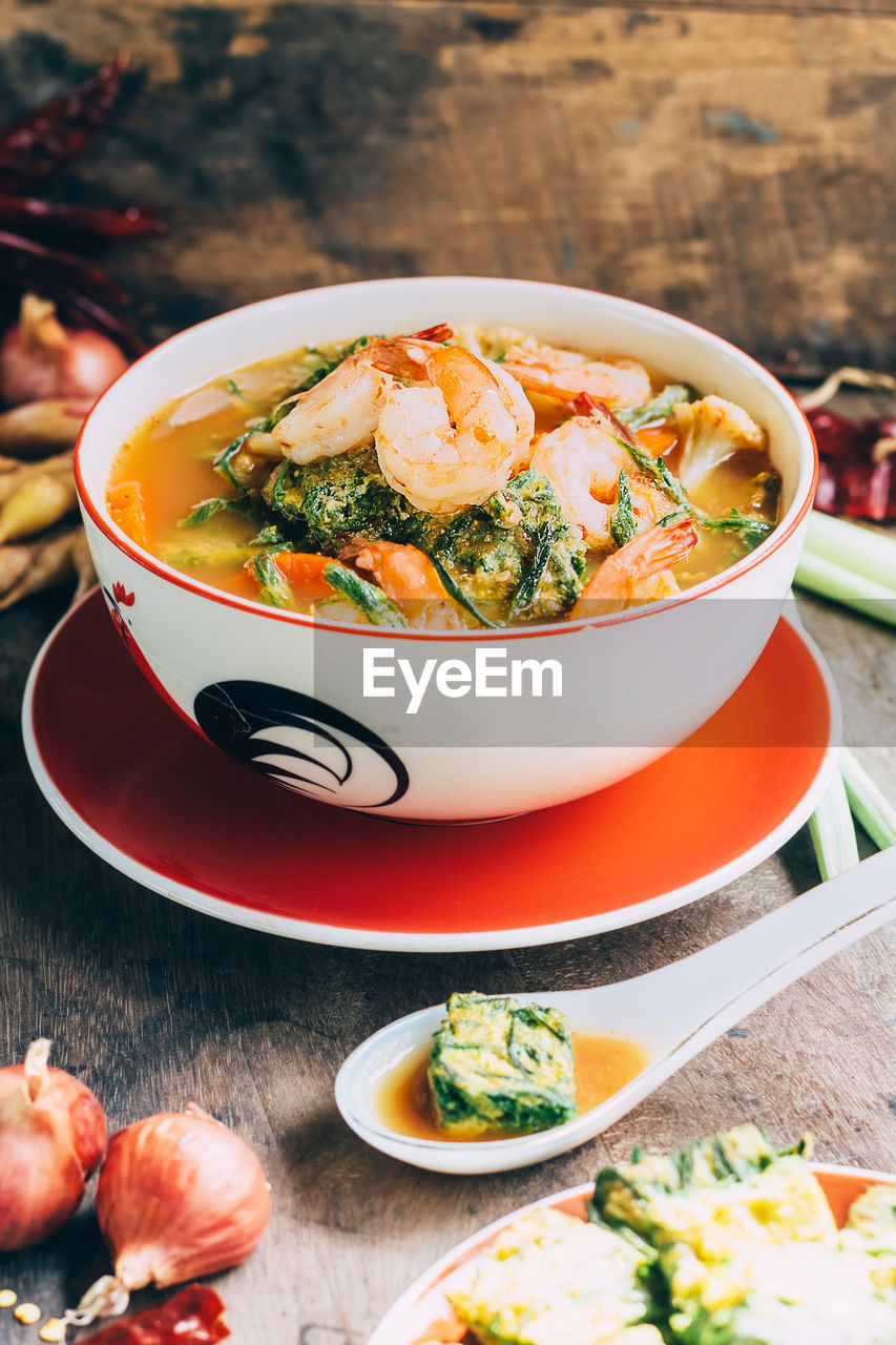 High angle view of soup in bowl on table