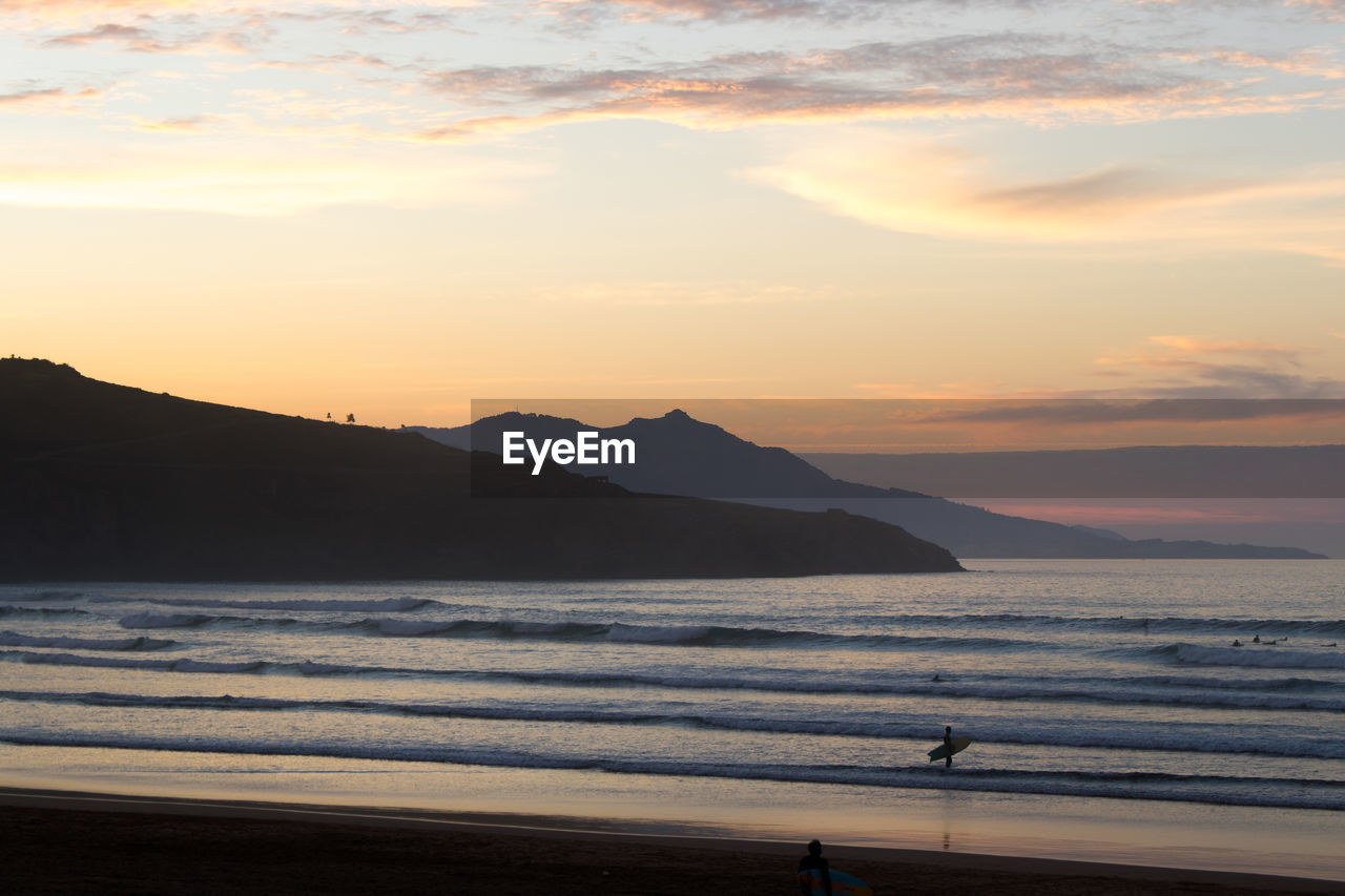 SCENIC VIEW OF SEA AND MOUNTAINS AGAINST SKY DURING SUNSET