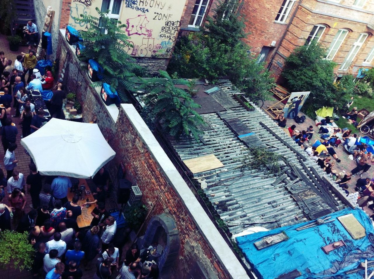 Overhead view of people in alley
