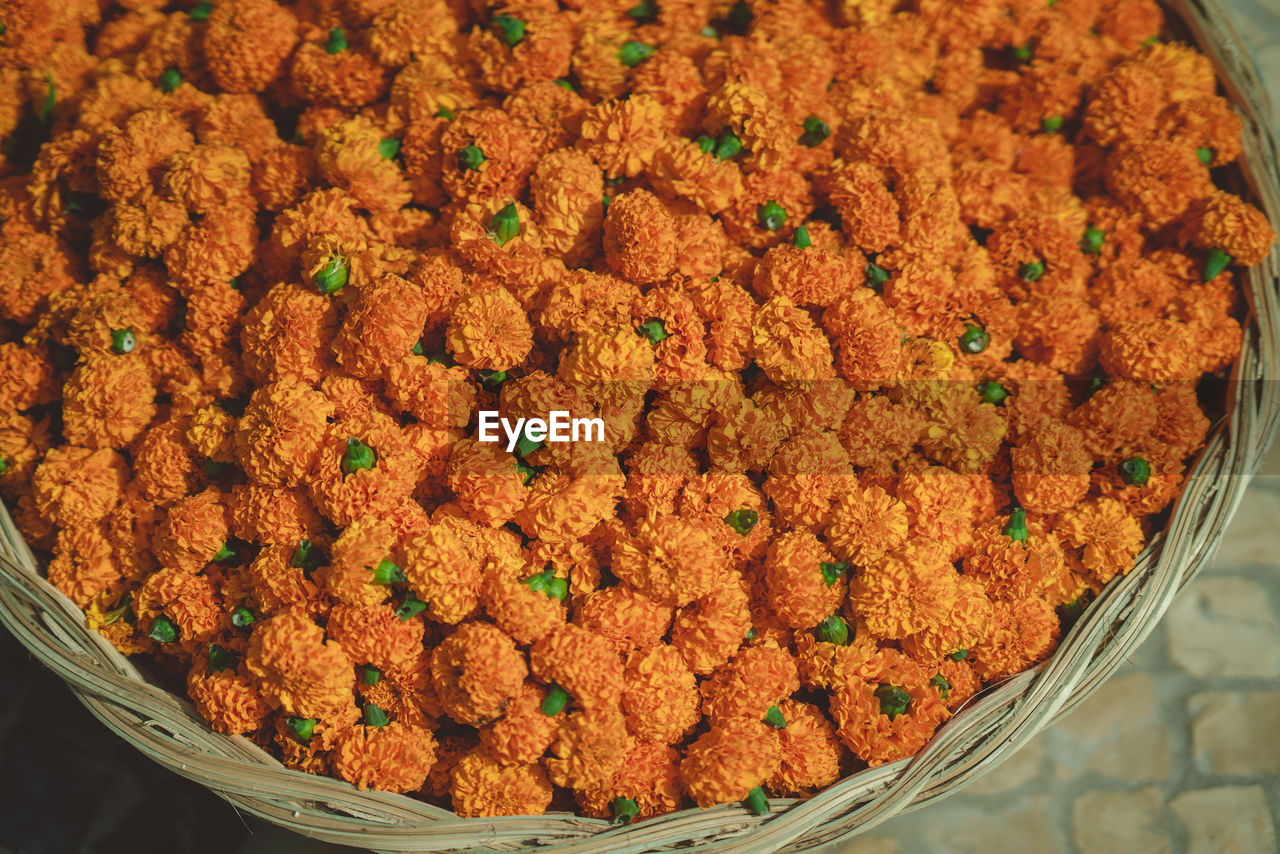 High angle view of orange flowers in bowl