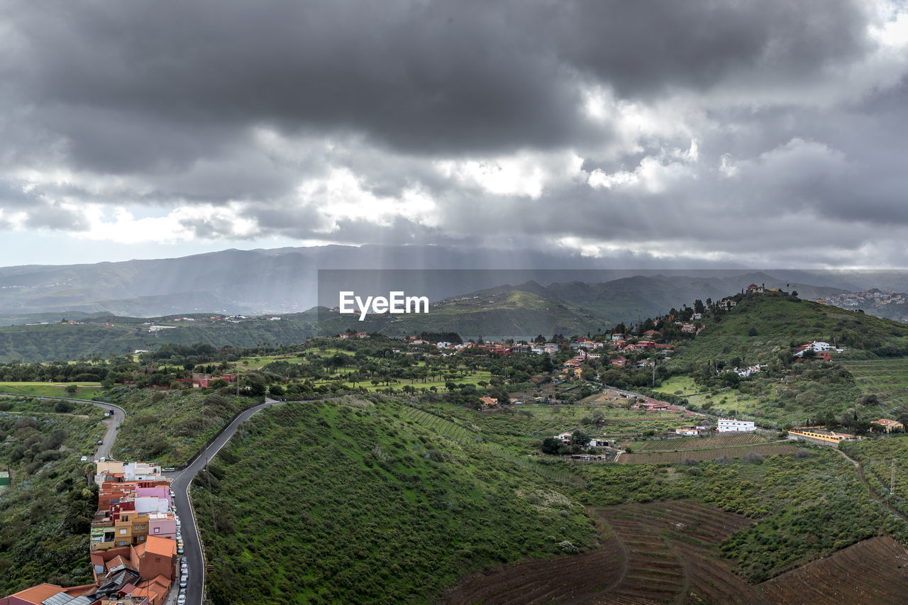 HIGH ANGLE VIEW OF LANDSCAPE AGAINST CLOUDY SKY