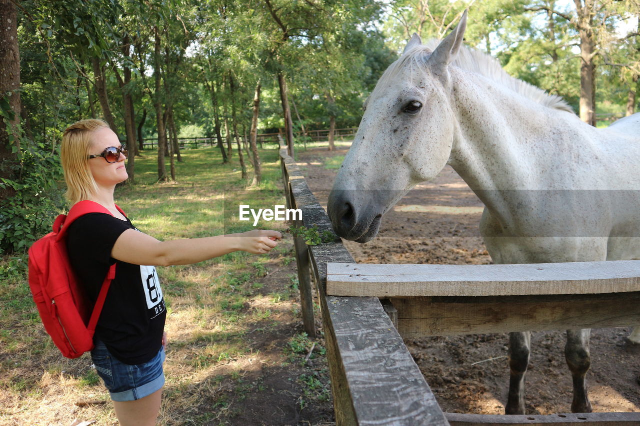 Side view of woman with backpack feeding horse in ranch